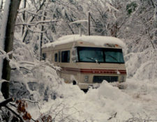 old photo of rv in the snow